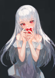 Rule 34 | 1girl, absurdres, bare shoulders, black background, commentary, dress, english commentary, grey dress, hands up, head tilt, heart, highres, ichika (ichika87), long hair, off-shoulder dress, off shoulder, original, red eyes, simple background, solo, very long hair, white hair