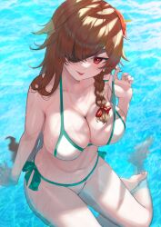 Rule 34 | 1girl, absurdres, bikini, bow, braid, breasts, brown hair, collarbone, commission, eyepatch, flower, hair bow, hair flower, hair ornament, highres, large breasts, original, partially submerged, red bow, red eyes, red flower, rushian, side-tie bikini bottom, skeb commission, solo, swimsuit, two-tone bikini, water, wet, white bikini