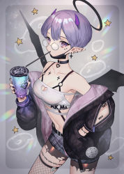 Rule 34 | 1girl, bare shoulders, black choker, black jacket, breasts, choker, cowboy shot, crop top, cup, drinking straw, drinking straw in mouth, ear piercing, fishnet thighhighs, fishnets, glasses, grey background, grey skirt, halo, hand in pocket, highres, hitowa, holding, holding cup, jacket, long sleeves, looking at viewer, mask, mask pull, medium breasts, miniskirt, mouth mask, off shoulder, open clothes, open jacket, original, piercing, pointy ears, purple eyes, purple hair, shirt, short hair, skirt, solo, standing, star (symbol), thighhighs, white shirt, wings