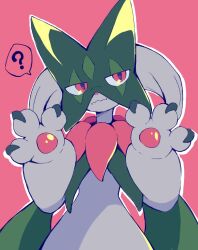 Rule 34 | ?, cape, claws, creatures (company), flower, furry, game freak, green fur, green hair, highres, mask, meowscarada, nintendo, pink background, pink eyes, pokemon, pokemon (creature), simple background, smile, solo, z1t vi