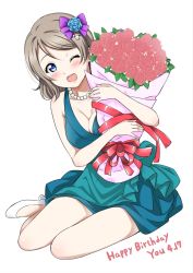 Rule 34 | 10s, 1girl, blue dress, blue eyes, blush, bouquet, bow, breasts, brown hair, cleavage, commentary request, dated, dress, flower, full body, hair bow, hair flower, hair ornament, happy birthday, high heels, highres, holding, jewelry, lips, looking at viewer, love live!, love live! school idol festival, love live! sunshine!!, medium breasts, necklace, one eye closed, open mouth, pearl necklace, rose, sankuro (agoitei), short hair, simple background, sitting, smile, solo, teeth, text focus, watanabe you