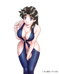 Rule 34 | 1girl, black hair, breasts, cleavage, futari ecchi, katsu aki, large breasts, long hair, looking at viewer, navel, onoda yura, purple eyes, revealing clothes, simple background, smile, solo, white background