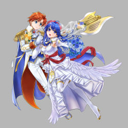 Rule 34 | 1boy, 1girl, axe, blue cape, blue eyes, blue hair, boots, bouquet, breasts, cape, cleavage, dress, elbow gloves, feather trim, fire emblem, fire emblem: the binding blade, fire emblem heroes, flower, full body, gloves, grey background, hair ornament, high heel boots, high heels, highres, lilina (fire emblem), long hair, medium breasts, nintendo, official alternate costume, open mouth, red hair, roy (fire emblem), see-through, simple background, thigh boots, thighhighs, tsukimura (d24f4z8j3t), tuxedo, veil, wedding, wedding dress, white dress, white footwear, white gloves
