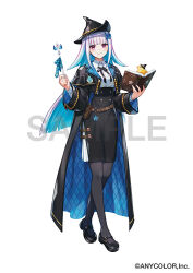 Rule 34 | 1girl, belt pouch, black capelet, black coat, black footwear, black hat, black pantyhose, black skirt, blue hair, blunt bangs, book, breasts, buttons, capelet, closed mouth, coat, collared shirt, colored inner hair, commentary request, double-breasted, dress shirt, flipped hair, full body, gradient hair, grey hair, grimoire, hair ornament, hairclip, halloween, hat, high-waist skirt, holding, holding book, holding wand, lapels, lize helesta, long hair, long sleeves, looking at viewer, mary janes, medium breasts, mini hat, multicolored hair, neck ribbon, nijisanji, notched lapels, official art, pantyhose, pencil skirt, pouch, purple eyes, ribbon, sample watermark, sebastian piyodore, shinishi chiho, shirt, shoes, sidelocks, simple background, skirt, smile, solo, two-sided coat, two-sided fabric, virtual youtuber, wand, watermark, white background, white shirt, witch, witch hat