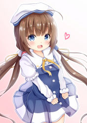 Rule 34 | 10s, 1girl, :d, absurdres, ahoge, beret, blue dress, blue eyes, blush, breasts, brown hair, commentary request, dress, hat, heart, highres, hinatsuru ai, inahori, layered sleeves, long hair, long sleeves, looking at viewer, low twintails, open mouth, puffy short sleeves, puffy sleeves, ryuuou no oshigoto!, school uniform, short over long sleeves, short sleeves, small breasts, smile, solo, teeth, twintails, upper teeth only, very long hair, white hat