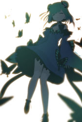 Rule 34 | 1girl, backlighting, blue dress, bug, butterfly, cleavage cutout, closed eyes, clothing cutout, collared dress, detached sleeves, double bun, dress, falling, flat chest, green hair, hair bun, hair ornament, highres, hololive, insect, motion blur, oshiruko (oshiruco 212048), shoes, short hair, skull collar, skull hair ornament, uruha rushia, uruha rushia (1st costume), virtual youtuber