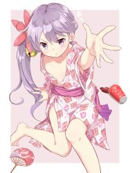 Rule 34 | 10s, 1girl, :t, akebono (kancolle), alternate costume, armpit peek, bell, blush, coca-cola, collarbone, commentary request, cup, disposable cup, hand fan, flower, full body, hair bell, hair flower, hair ornament, hamaken. (novelize), highres, japanese clothes, jingle bell, kantai collection, kimono, long hair, looking at viewer, open clothes, open kimono, outstretched arm, paper fan, purple eyes, purple hair, side ponytail, simple background, sitting, solo, spill, tsurime, uchiwa, wide sleeves, yukata