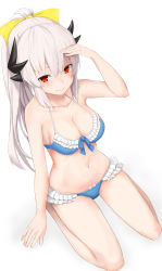 Rule 34 | 1girl, absurdres, arm at side, arm up, bare arms, bare legs, bare shoulders, bikini, blue bikini, blush, bow, breasts, cleavage, closed mouth, collarbone, fate/grand order, fate (series), frilled bikini, frills, from above, full body, groin, hair bow, high ponytail, highres, horns, kiyohime (fate), kiyohime (fate/grand order), kiyohime (swimsuit lancer) (fate), kiyohime (swimsuit lancer) (third ascension) (fate), kneeling, long hair, looking at viewer, looking up, medium breasts, navel, pnoji, red eyes, salute, sidelocks, simple background, smile, solo, stomach, swimsuit, tsurime, very long hair, white background, yellow bow