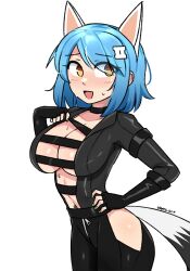Rule 34 | 1girl, animal ears, black bodysuit, black straps, blue hair, blush, bodysuit, bodysuit pull, breasts, brown eyes, choker, cleavage, cowboy shot, elbow gloves, fingerless gloves, fox ears, fox tail, gloves, gradient hair, green nails, hair ornament, hairclip, hand on own hip, highres, hip vent, ii (peps art), jumpsuit, large breasts, looking to the side, medium hair, multicolored hair, navel, navel piercing, nervous smile, open mouth, original, peps art, piercing, simple background, smile, strap pull, sweat, swept bangs, tail, twitter username, white background