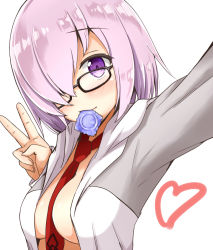 Rule 34 | 1girl, aikawa ryou, between breasts, blush, breasts, closed mouth, commentary request, condom, condom in mouth, condom wrapper, fate/grand order, fate (series), glasses, hair over one eye, heart, hood, hoodie, light purple hair, looking at viewer, mash kyrielight, medium breasts, mouth hold, naked hoodie, necktie, necktie between breasts, no bra, purple eyes, reaching, reaching towards viewer, selfie, short hair, simple background, smile, solo, upper body, v, white background