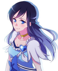 Rule 34 | 1girl, blue bow, blue dress, blue eyes, blue hair, blush, bow, braid, breasts, choker, cleavage, closed mouth, collarbone, cosplay, crown braid, cure diamond, cure diamond (cosplay), dokidoki! precure, dress, floating hair, hishikawa rikka, long hair, looking at viewer, medium breasts, negom, precure, simple background, smile, solo, upper body, white background