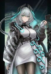 Rule 34 | 1girl, 3 (sanyako1), absurdres, arknights, belt, black pantyhose, blush, breasts, closed mouth, cowboy shot, dress, fingerless gloves, gloves, green eyes, grey hair, head wings, highres, ho&#039;olheyak (arknights), hood, hood down, impossible clothes, impossible dress, indoors, large breasts, long hair, long sleeves, looking at viewer, night, open clothes, pantyhose, sky, smile, solo, star (sky), starry sky, tail, white dress, white gloves, window, wings