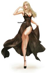 Rule 34 | 1girl, aya brea, bare arms, bare shoulders, black dress, black footwear, blonde hair, breasts, cleavage, clothes lift, collarbone, dress, dress lift, full body, hand on own face, large breasts, legs, long hair, looking at viewer, parasite eve, parted bangs, parted lips, plunging neckline, side slit, solo, vhyrel, watermark, web address, white background