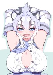 Rule 34 | 1girl, absurdres, animal ear fluff, animal ears, arms behind head, arms up, black hair, blue eyes, breast pocket, breasts, button gap, buttons, cave lion (kemono friends), center frills, cleavage, collared shirt, detached sleeves, empty eyes, eyelashes, fangs, frilled shirt collar, frills, gloves, highres, huge breasts, kemono friends, light purple hair, lion ears, looking at viewer, mamiyama, multicolored eyes, multicolored hair, necktie, open mouth, partially unbuttoned, plaid necktie, pocket, purple hair, shirt, smile, solo, suspenders, upper body, white hair, white shirt, wing collar