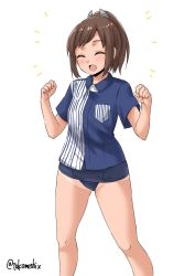 Rule 34 | 1girl, blue one-piece swimsuit, brown hair, closed eyes, employee uniform, feet out of frame, hair ornament, hairclip, highres, i-401 (kancolle), kantai collection, lawson, one-piece swimsuit, ponytail, sailor collar, school swimsuit, shirt, short hair, short ponytail, smile, solo, standing, striped clothes, striped shirt, swimsuit, swimsuit under clothes, takomeshi, twitter username, uniform, white background