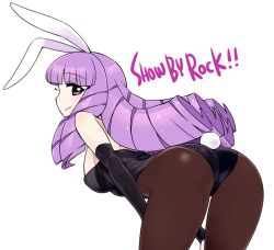 Rule 34 | 10s, 1girl, animal ears, ass, bare shoulders, bent over, black pantyhose, blunt bangs, breasts, brown pantyhose, chan co, chuchu (show by rock!!), cowboy shot, detached sleeves, drill hair, fake animal ears, hands on thighs, highleg, highleg leotard, large breasts, leotard, long hair, looking back, pantyhose, playboy bunny, purple eyes, purple hair, rabbit ears, rabbit girl, rabbit tail, show by rock!!, sideboob, simple background, smile, solo, tail