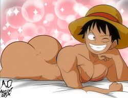 Rule 34 | 1boy, ass, bara, bed sheet, food, hat, huge ass, lying, male focus, monkey d. luffy, on stomach, one piece, pinup (style), scar, scar on face, smile, solo, straw hat