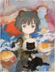 Rule 34 | 1girl, abstract background, absurdres, ahoge, animal, animal ears, backpack, bag, black bag, border, cat, ciel (paradis47), closed mouth, collared shirt, commentary, cowboy shot, dated commentary, expressionless, faux traditional media, fish, flying fish, food, fried egg, green shirt, grey eyes, grey hair, highres, holding, holding animal, holding cat, long sleeves, looking at viewer, multicolored background, no sclera, original, painting (medium), pet cone, raised eyebrows, sandwich, shirt, short hair, solo, tareme, traditional media, transparent border