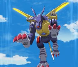 Rule 34 | android, armor, blue sky, claws, digimon, digimon (creature), digimon adventure: (2020), full armor, highres, mechanical wings, metalgarurumon, missile, monster, no humans, screencap, serious, simple background, sky, solo, standing, tail, third-party edit, weapon, wings