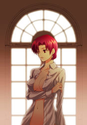 Rule 34 | 00s, 1girl, amputee, bazett fraga mcremitz, breast hold, breasts, cleavage, covered erect nipples, fate/hollow ataraxia, fate/stay night, fate (series), large breasts, mgk968, no bra, open clothes, open shirt, red hair, shirt, short hair, silhouette, solo, window