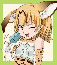 Rule 34 | 1girl, amano yo-ki, animal ears, blonde hair, bow, bowtie, breasts, elbow gloves, extra ears, food, gloves, kemono friends, one eye closed, open mouth, popsicle, print bow, print bowtie, print gloves, print neckwear, serval (kemono friends), serval print, sleeveless, small breasts, smile, solo, traditional bowtie, upper body, yellow eyes