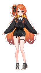 Rule 34 | 1girl, absurdres, alternate costume, belt buckle, black choker, black footwear, black shirt, blush, buckle, casual, choker, full body, hair intakes, highres, idolmaster, idolmaster million live!, long hair, long sleeves, looking at viewer, ogami tamaki, one side up, orange hair, shirt, shoes, sillon, simple background, skindentation, sneakers, solo, thigh strap, very long hair, white background