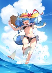Rule 34 | 1girl, :3, :d, animal ears, bare arms, bare legs, barefoot, bikini, black bikini, blue eyes, blue hair, blush, boat, bow, character request, cloud, commentary, copyright request, cumulonimbus cloud, dot nose, from below, hat, hat bow, heterochromia, highres, looking at viewer, navel, nonco, ocean, open mouth, outdoors, outstretched arms, red bow, smile, soles, solo, splashing, spread arms, standing, standing on one leg, straw hat, swimsuit, symbol-only commentary, tail, twintails, virtual youtuber, wading, water drop, watercraft, yellow eyes, yellow hat