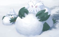 Rule 34 | abomasnow, commentary request, creatures (company), day, evolutionary line, game freak, gen 4 pokemon, green eyes, highres, holding, nintendo, no humans, one-hour drawing challenge, outdoors, pokemon, pokemon (creature), pushing, rend, sideways glance, snover, snow, snowball