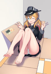 Rule 34 | 1girl, absurdres, anchor, anchor hair ornament, aqua eyes, black skirt, blonde hair, blush, box, corner, double v, foreshortening, grey background, hair ornament, hat, highres, in box, in container, kantai collection, long hair, microskirt, military, military uniform, nail polish, panties, peaked cap, pleated skirt, prinz eugen (kancolle), skirt, toenail polish, toenails, twintails, underwear, uniform, v, white panties, xiaoxi0619