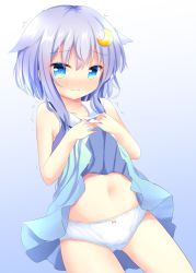 Rule 34 | 1girl, alternate costume, blue eyes, blush, clothes lift, crescent, crescent hair ornament, dress, dress lift, gradient background, hair between eyes, hair ornament, kantai collection, lifted by self, looking at viewer, panties, purple hair, short hair, short hair with long locks, solo, umi suzume, underwear, white panties, yayoi (kancolle)