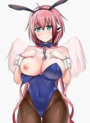 Rule 34 | 1girl, absurdres, angel, animal ears, aqua eyes, bare shoulders, blue leotard, blush, bow, bowtie, breasts, breasts out, brown pantyhose, chain, closed mouth, collar, collarbone, cowboy shot, fake animal ears, gluteal fold, gradient hair, hair between eyes, hands on own chest, highleg, highleg leotard, highres, ikaros, large breasts, leotard, long hair, multicolored hair, nipples, nose blush, one breast out, pantyhose, pink hair, pink wings, playboy bunny, rabbit ears, robot ears, solo, sora no otoshimono, strapless, strapless leotard, twintails, very long hair, wings, wrist cuffs, ying jing meng