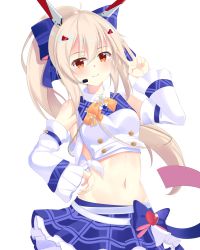 Rule 34 | 1girl, ayanami (azur lane), ayanami (low-key idol @confused) (azur lane), ayanami (low-key idol @confused) (azur lane), azur lane, bare shoulders, belt, blonde hair, blue bow, blush, bow, buttons, crop top, detached sleeves, double-breasted, gekka (luna gekka), groin, hair between eyes, hair bow, hand on own hip, hand up, headgear, heart, highres, idol, long hair, microphone, midriff, navel, plaid, plaid skirt, pleated skirt, ponytail, red eyes, simple background, skirt, smile, solo, v, very long hair, white background, white belt, wide sleeves