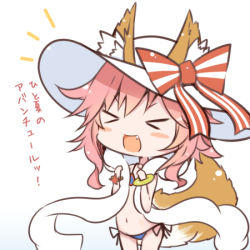Rule 34 | &gt; &lt;, 1girl, animal ears, beni shake, bikini, blue bikini, blush, bow, chibi, closed eyes, ears through headwear, fang, fate/grand order, fate (series), fox ears, fox tail, hat, hat bow, long hair, lowres, navel, open mouth, pink hair, smile, solo, swimsuit, tail, tamamo (fate), tamamo no mae (fate/extra), tamamo no mae (swimsuit lancer) (fate), tamamo no mae (swimsuit lancer) (third ascension) (fate), translated, white hat