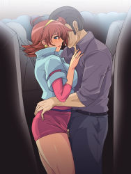 Rule 34 | 1boy, 1girl, antenna hair, ass, ass grab, bare legs, blue eyes, blush, breast press, breasts, brown hair, chikan, crowd, crowded, dress, earrings, g gundam, greco roman (spiral brain), gundam, headband, highres, jewelry, large breasts, penis, pink dress, public use, rain mikamura, sex, short hair, standing, standing missionary, standing sex, sweatdrop, tight clothes, tight dress