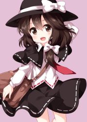 Rule 34 | 1girl, arm behind head, bag, black capelet, black hat, black skirt, bow, brown bag, brown eyes, brown hair, buttons, capelet, cowboy shot, fedora, hair between eyes, hair bow, hat, hat bow, highres, holding, holding bag, long sleeves, looking at viewer, medium hair, necktie, open mouth, purple background, red necktie, red ribbon, ribbon, ribbon-trimmed capelet, ribbon-trimmed shirt, ribbon-trimmed skirt, ribbon trim, ruu (tksymkw), shirt, shoulder bag, side ponytail, simple background, skirt, smile, solo, standing, touhou, usami renko, white bow, white ribbon, white shirt