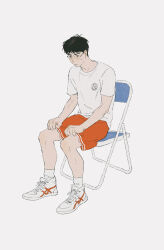 Rule 34 | 1boy, absurdres, ankle socks, black hair, brown eyes, chair, chengongzi123, chinese commentary, commentary request, full body, glasses, highres, kogure kiminobu, male focus, orange shorts, round eyewear, shirt, shoes, short hair, short sleeves, shorts, simple background, sitting, slam dunk (series), sneakers, socks, solo, t-shirt, very short hair, white background, white footwear, white shirt, white socks