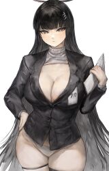 Rule 34 | 1girl, absurdres, black hair, black jacket, blue archive, blunt bangs, breasts, bright pupils, cleavage, closed mouth, commentary, cowboy shot, cropped sweater, hair ornament, hairclip, halo, hand on own hip, highres, jacket, large breasts, long hair, long sleeves, looking at viewer, mogeuwuwuu, no pants, panties, red eyes, rio (blue archive), solo, suit jacket, sweater, tablet pc, thigh strap, turtleneck, turtleneck sweater, underwear, very long hair, white background, white panties, white sweater