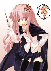 Rule 34 | 00s, angry, artist request, cape, fang, leaning forward, long hair, louise francoise le blanc de la valliere, pink eyes, pink hair, thighhighs, wand, zero no tsukaima