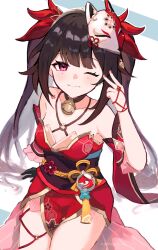 Rule 34 | 1girl, bare shoulders, bell, black choker, bow, brown hair, choker, closed mouth, covering one eye, cowboy shot, criss-cross halter, detached sleeves, dress, fox mask, hair bow, halterneck, highres, holding, holding mask, honkai: star rail, honkai (series), legs together, long hair, looking at viewer, mask, mask on head, neck bell, o-ring, obi, one eye covered, pelvic curtain, pink eyes, red bow, red dress, red sleeves, ruria 369, sash, short dress, short sleeves, sleeveless, sleeveless dress, smile, solo, sparkle (honkai: star rail), thighs, twintails, white background