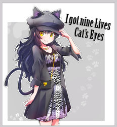 Rule 34 | 1girl, absurdres, acdc, alternate costume, animal ears, bag, band shirt, black bag, black hair, blake belladonna, cat ears, cat tail, chain, collarbone, commentary request, dress, english text, handbag, hat, highres, iesupa, jacket, long hair, looking at viewer, merchandise, rwby, smile, solo, tail, wavy hair, yellow eyes