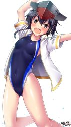 Rule 34 | 1girl, alternate costume, arms up, artist name, asymmetrical hair, black hair, blue one-piece swimsuit, blush, brown eyes, collarbone, competition swimsuit, dated, flat chest, gloves, gluteal fold, hair between eyes, hat, headphones, highleg, highleg swimsuit, highres, i-14 (kancolle), jacket, kantai collection, kneeling, long hair, looking at viewer, one-piece swimsuit, open clothes, open jacket, open mouth, short hair, simple background, single glove, smile, solo, swimsuit, swimsuit under clothes, tsuchimiya, water drop, white background