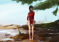 Rule 34 | 1girl, assault harpy, barefoot, black hair, blush, brown eyes, china dress, chinese clothes, day, dress, feet, female focus, full body, hand on own chest, highres, japanese clothes, leaf, legs, looking down, looking to the side, medium hair, miko, ocean, original, outdoors, painting (medium), sky, solo, standing, thick thighs, thigh gap, thighs, traditional media, tree, wading, water