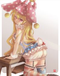 Rule 34 | 1girl, adapted costume, american flag legwear, ass, asymmetrical legwear, bare shoulders, blonde hair, bloomers, blue thighhighs, breasts, clownpiece, fairy wings, fake tail, garter straps, hat, jester cap, ladder, long hair, looking at viewer, mismatched legwear, naegi (naegidokoro), neck ruff, nipples, outside border, pink hat, polka dot, pout, rabbit tail, red eyes, red thighhighs, simple background, small breasts, solo, star (symbol), star print, stepladder, striped, tail, thighhighs, touhou, underwear, very long hair, wings, wrist cuffs