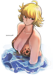 Rule 34 | 1girl, ahoge, aosora2823, bikini, bikini top only, blonde hair, blush, breasts, cleavage, collarbone, expressionless, halterneck, highres, large breasts, marguerite (one piece), one piece, partially submerged, print bikini, refraction, sideways glance, simple background, solo, swimsuit, twitter username, upper body, white background
