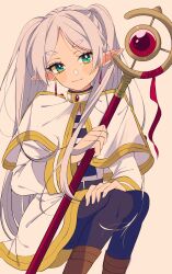 Rule 34 | 1girl, belt, blush, boots, capelet, commentary, dangle earrings, dress, earrings, elf, frieren, green eyes, highres, holding, holding staff, jewelry, long hair, looking at viewer, mage staff, pantyhose, parted bangs, pointy ears, rumic 0620, shirt, simple background, sitting, smile, solo, sousou no frieren, staff, striped clothes, striped shirt, twintails, white capelet, white dress, white hair