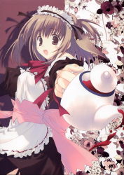 Rule 34 | 1girl, blush, brown eyes, brown hair, flower, highres, maid, mitsumi misato, open mouth, solo, tea, teapot