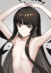 1girl absurdres arknights armpits arms_up black_eyes black_hair black_halo blunt_bangs breasts bright_pupils closed_mouth commentary_request detached_wings grey_background halo highres long_hair looking_at_viewer mole mole_under_eye nippeki nipples nude partial_commentary sidelocks simple_background skinny small_breasts smile solo upper_body virtuosa_(arknights) white_pupils wings