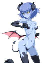 Rule 34 | 1girl, asymmetrical wings, bad id, bad pixiv id, black gloves, black sclera, black thighhighs, blue hair, blue skin, blush, boots, breasts, colored sclera, colored skin, covered erect nipples, demon girl, demon tail, demon wings, elbow gloves, gloves, heart, heart tail, high heels, highres, looking at viewer, low wings, mimizu (tokagex), navel, original, pointy ears, short hair, simple background, skinny, small breasts, solo, tail, thigh boots, thighhighs, white background, wings, yellow eyes
