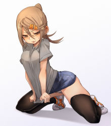 Rule 34 | 1girl, black thighhighs, blush, brown eyes, clothes pull, commentary request, denim, denim skirt, fu-ta, full body, grey background, grey footwear, grey panties, grey shirt, hair between eyes, hair ornament, hairclip, kneeling, long hair, looking at viewer, looking away, looking down, miniskirt, original, panties, pantyshot, parted lips, ponytail, pulled by self, shirt, shirt pull, shoes, short sleeves, simple background, skindentation, skirt, solo, striped clothes, striped panties, sweat, swept bangs, thighhighs, thighs, underwear, upskirt, usami taiga, v-shaped eyebrows