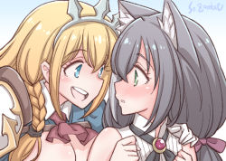 Rule 34 | 2girls, animal ear fluff, animal ears, black hair, blue eyes, blush, braid, breasts, cat ears, cat girl, detached sleeves, dress, eye contact, green eyes, hair ribbon, hand on another&#039;s shoulder, karyl (princess connect!), large breasts, long hair, looking at another, low twintails, multicolored hair, multiple girls, orange hair, pecorine (princess connect!), princess connect!, puffy short sleeves, puffy sleeves, ribbon, short sleeves, side braid, single braid, sleeveless, sleeveless dress, streaked hair, studiozombie, tiara, twintails, yuri